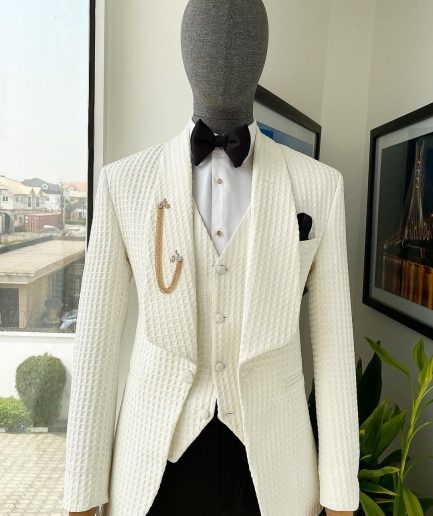 An Ivory White, Shawl Lapel, Plunged Square Patterned Jacquard Suit