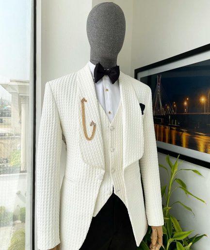 An Ivory White, Shawl Lapel, Plunged Square Patterned Jacquard Suit