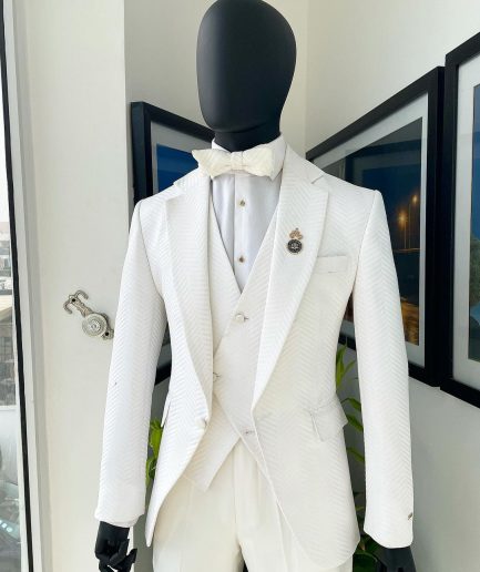 An Ivory white, notch lapel, infinity “maze” line Japanese patterned jacquard suit