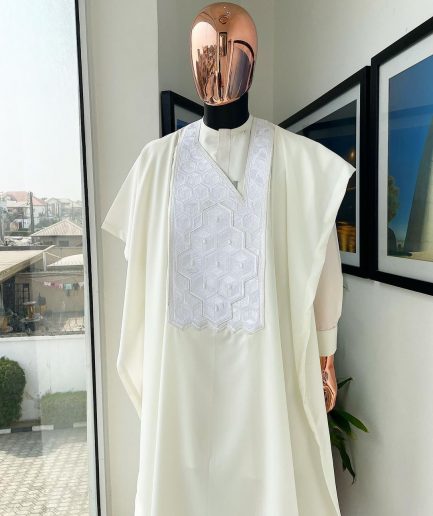 An Ivory white precision 3D imagery embroidery agbada