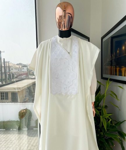 An Ivory white precision 3D imagery embroidery agbada
