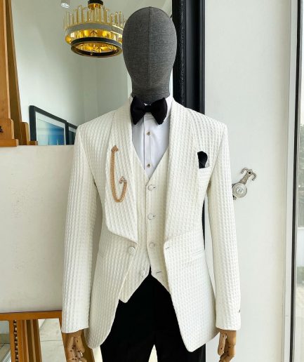 An Ivory White, Shawl Lapel, Plunged Square Patterned Jacquard Suit