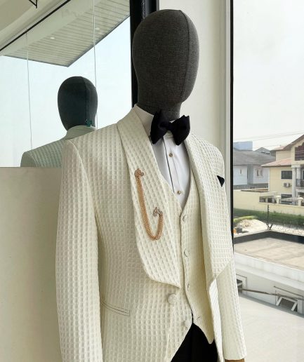 An Ivory White, Shawl Lapel, Plunged Square Patterned Jacquard Suit