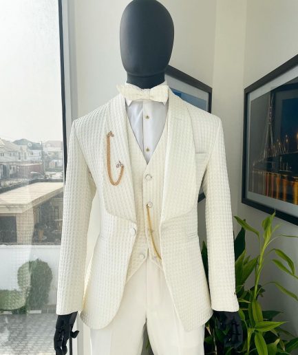 An Ivory White, Shawl Lapel, Plunged Square Patterned Jacquard Suit