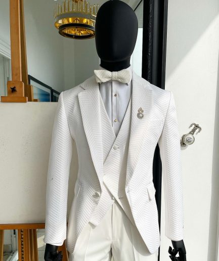 An Ivory white, notch lapel, infinity “maze” line Japanese patterned jacquard suit