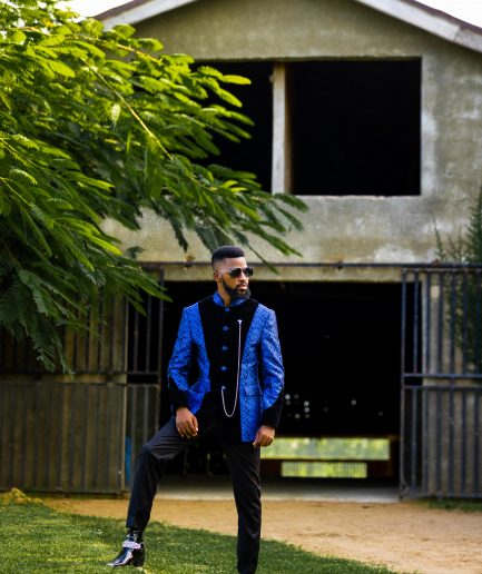 A Skye blue and Navy blue Mandarin Jacquard safari tuxedo royal suit