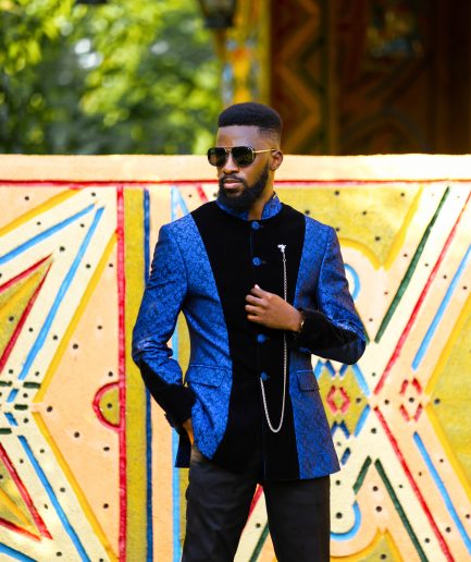 A Skye blue and Navy blue Mandarin Jacquard safari tuxedo royal suit
