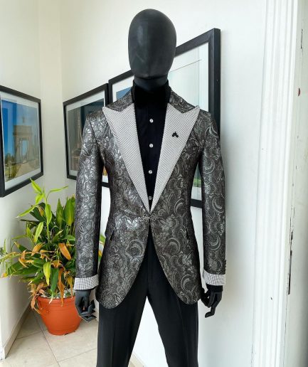 The “Jackson”, Ash, Iron and shadow grey metallic jacquard, Clear Crystal Trim bling layered peak lapel tuxedo suit