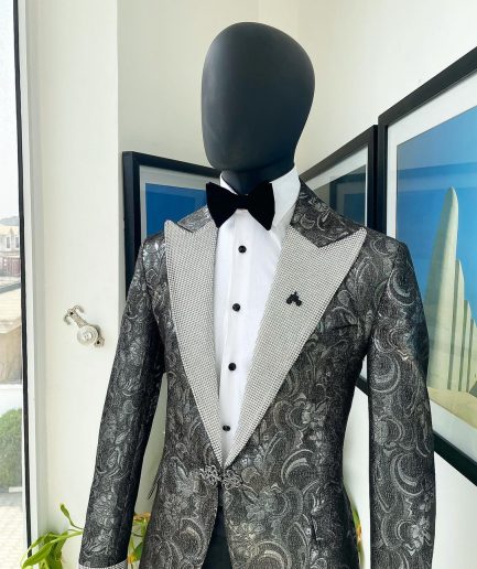 The “Jackson”, Ash, Iron and shadow grey metallic jacquard, Clear Crystal Trim bling layered peak lapel tuxedo suit