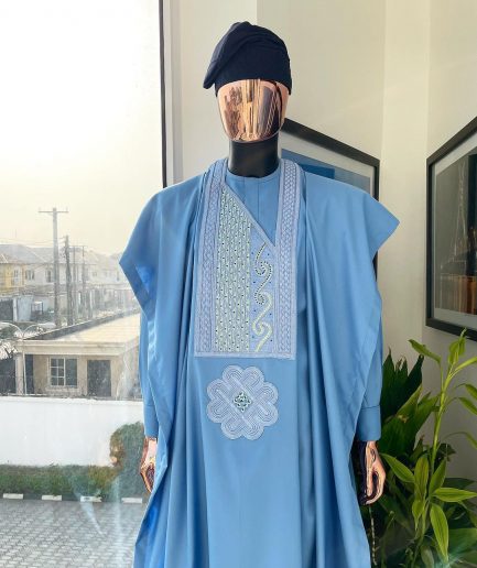 A Sky blue Spiral And tapped square embroidery, Swarovski stone detailing agbada