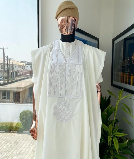An Ivory white with connected zag and triangle embroidery Agbada