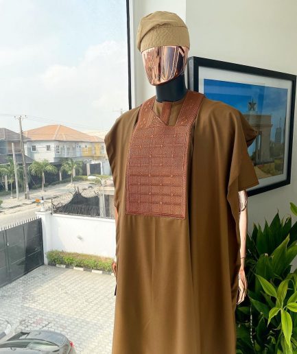 A Caramel brown, distributed square and dotted circle embroidery Agbada