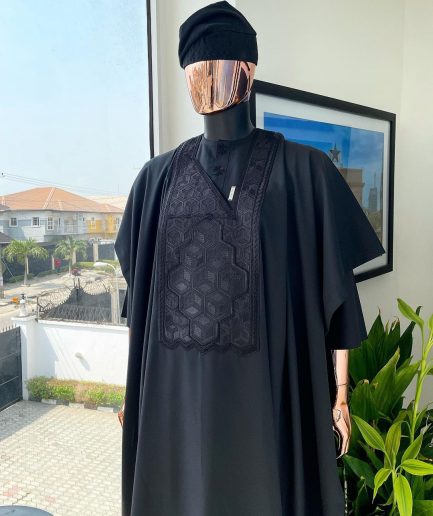 A Monochrome charcoal black precision 3D imagery embroidery Agbada