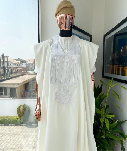 An Ivory white with connected zag and triangle embroidery Agbada