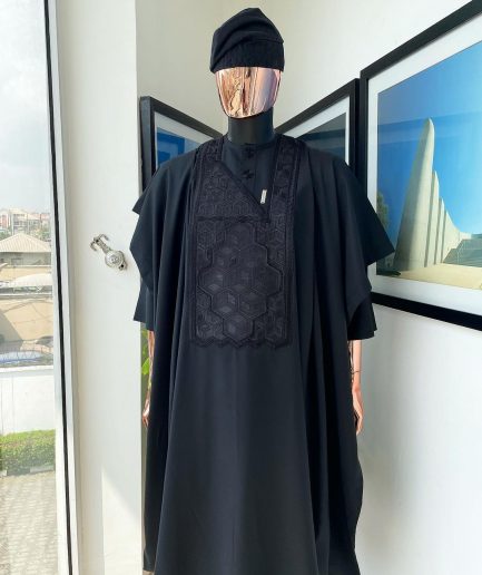 A Monochrome charcoal black precision 3D imagery embroidery Agbada