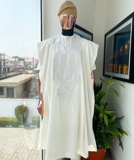 An Ivory white with connected zag and triangle embroidery Agbada