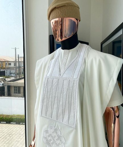An Ivory white with connected zag and triangle embroidery Agbada