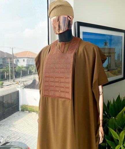 A Caramel brown, distributed square and dotted circle embroidery Agbada
