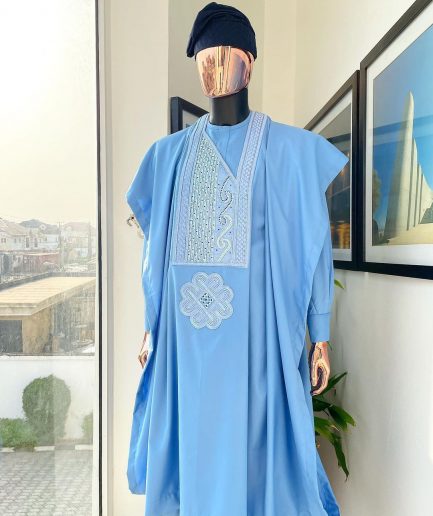 A Sky blue Spiral And tapped square embroidery, Swarovski stone detailing agbada