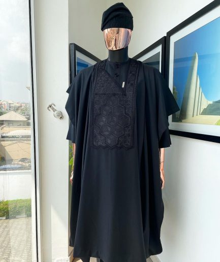 A Monochrome charcoal black precision 3D imagery embroidery Agbada
