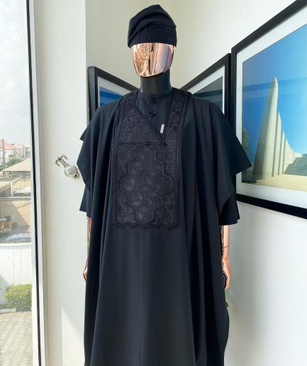 A Monochrome charcoal black precision 3D imagery embroidery Agbada