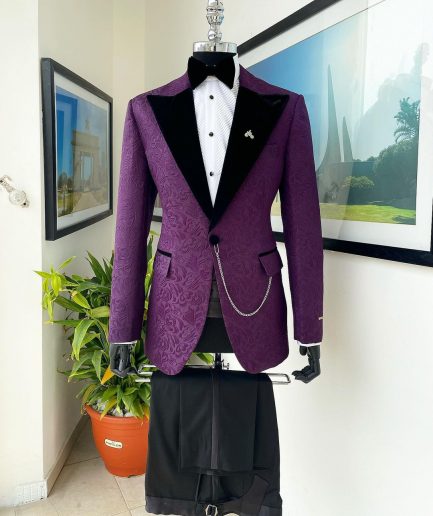 An Egg plant purple, peak lapel, floral patterned jacquard tuxedo suit