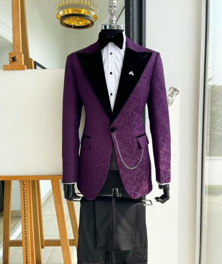 An Egg plant purple, peak lapel, floral patterned jacquard tuxedo suit