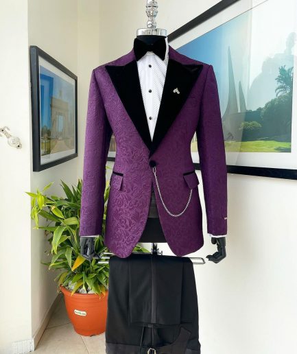 An Egg plant purple, peak lapel, floral patterned jacquard tuxedo suit