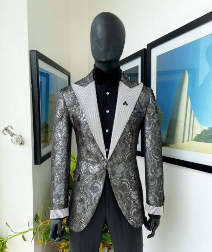 The “Jackson”, Ash, Iron and shadow grey metallic jacquard, Clear Crystal Trim bling layered peak lapel tuxedo suit