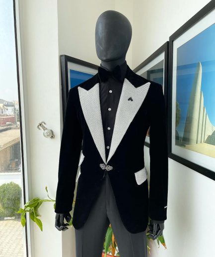 The “Jackson”, Charcoal black, Clear Crystal Trim bling layered peak lapel tuxedo suit