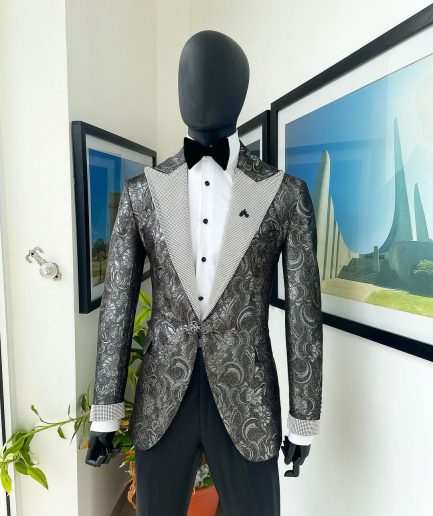 The “Jackson”, Ash, Iron and shadow grey metallic jacquard, Clear Crystal Trim bling layered peak lapel tuxedo suit