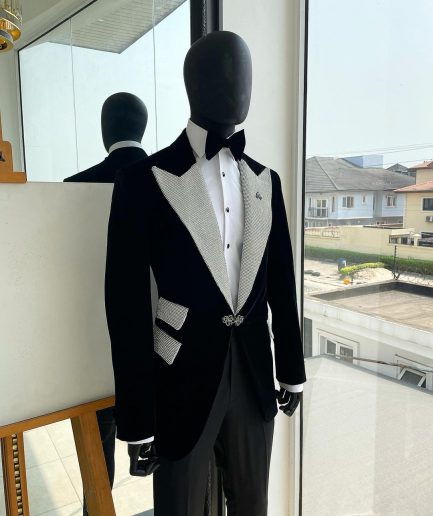 The “Jackson”, Charcoal black, Clear Crystal Trim Bling Layered Peak Lapel Tuxedo Suit