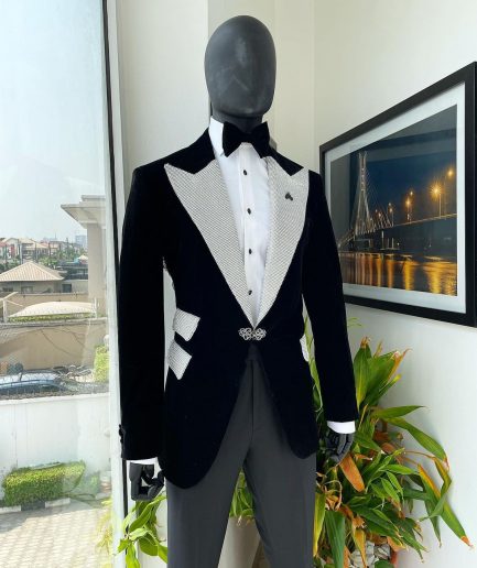 The “Jackson”, Charcoal black, Clear Crystal Trim Bling Layered Peak Lapel Tuxedo Suit