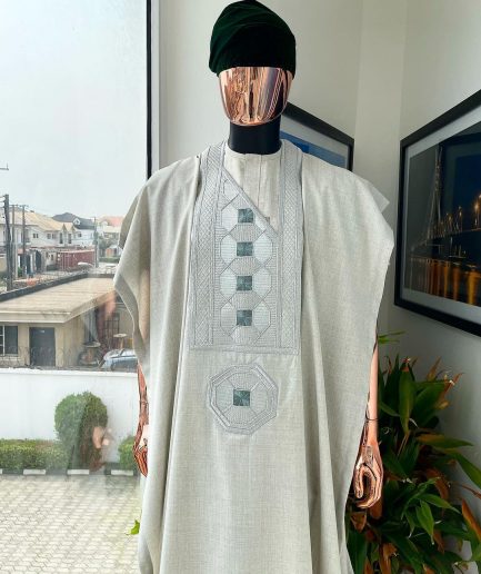 A Pearl ivory, interwoven octagon embroidery design agbada