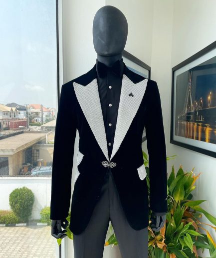 The “Jackson”, Charcoal black, Clear Crystal Trim bling layered peak lapel tuxedo suit