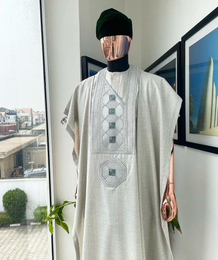 A Pearl ivory, interwoven octagon embroidery design agbada