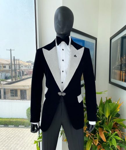 The “Jackson”, Charcoal black, Clear Crystal Trim Bling Layered Peak Lapel Tuxedo Suit