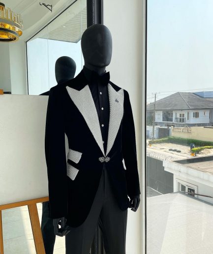 The “Jackson”, Charcoal black, Clear Crystal Trim bling layered peak lapel tuxedo suit