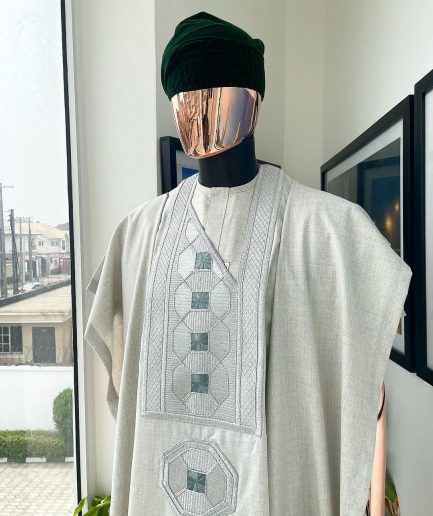 A Pearl ivory, interwoven octagon embroidery design agbada