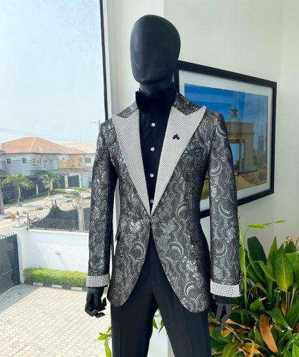 The “Jackson”, Ash, Iron and shadow grey metallic jacquard, Clear Crystal Trim bling layered peak lapel tuxedo suit