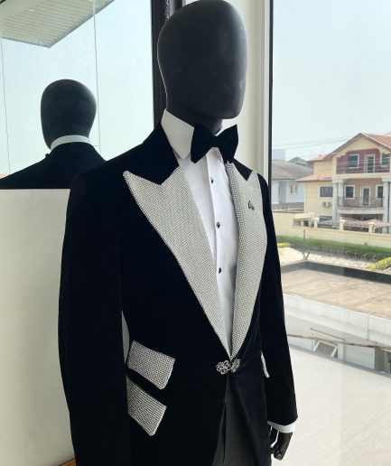 The “Jackson”, Charcoal black, Clear Crystal Trim Bling Layered Peak Lapel Tuxedo Suit