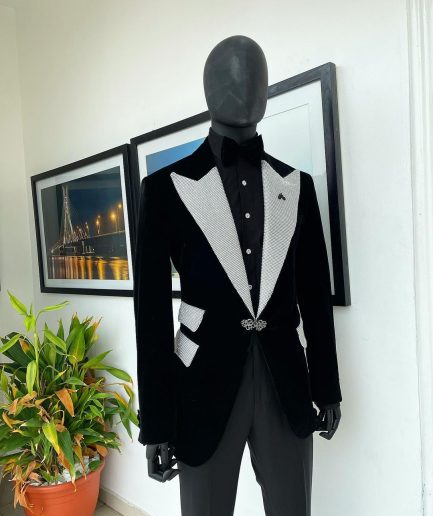 The “Jackson”, Charcoal black, Clear Crystal Trim bling layered peak lapel tuxedo suit