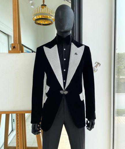 The “Jackson”, Charcoal black, Clear Crystal Trim bling layered peak lapel tuxedo suit