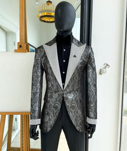 The “Jackson”, Ash, Iron and shadow grey metallic jacquard, Clear Crystal Trim bling layered peak lapel tuxedo suit