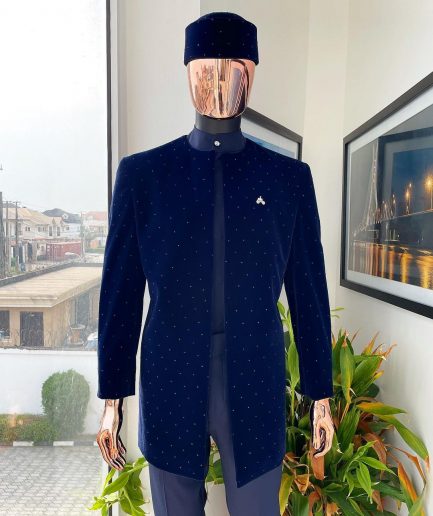 A “Justin” midnight blue soaked Italian velvet Ceremonial sultan with black Swarovski stone detailing
