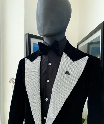 The “Jackson”, Charcoal black, Clear Crystal Trim bling layered peak lapel tuxedo suit