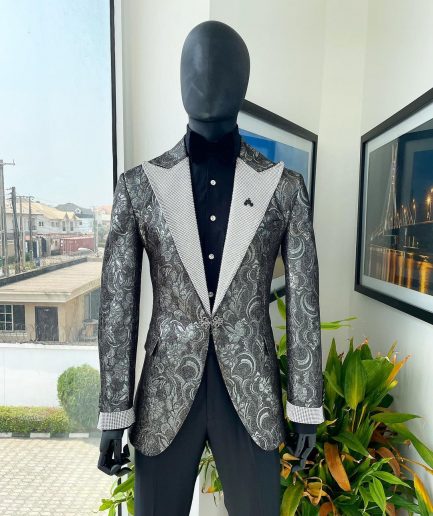 The “Jackson”, Ash, Iron and shadow grey metallic jacquard, Clear Crystal Trim bling layered peak lapel tuxedo suit