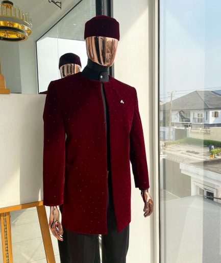 A “Justin” mahogany red soaked Italian velvet Ceremonial suktan with black Swarovski stone detailing