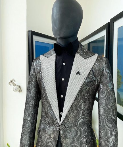 The “Jackson”, Ash, Iron and shadow grey metallic jacquard, Clear Crystal Trim bling layered peak lapel tuxedo suit