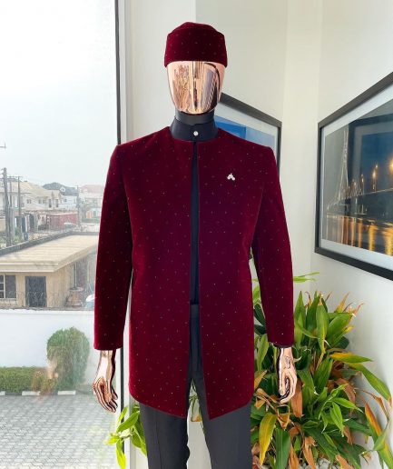 A “Justin” mahogany red soaked Italian velvet Ceremonial suktan with black Swarovski stone detailing